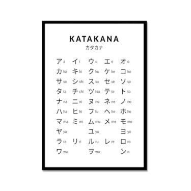 Imagem de Pôster do gráfico do alfabeto japonês Hiragana Katakana preto e branco pintura em tela educação aprender impressões escritório sala de aula decoração (SKU15,40.6x61.0 cm = (40x60cm), moldura de metal