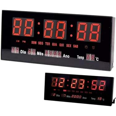 Imagem de Relógio Digital De Parede LED Vermelho Alto Brilho Bivolt 36x15x3cm Com Hora Data Dia Da Semana Temperatura Alarme Memória Interna Ideal Para Academia Comércio Empresa Uso Interno