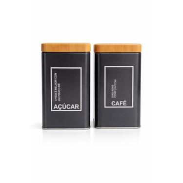 Imagem de Conjunto de Potes Herméticos para Café e Açúcar, Metal Preto Fosco com Tampa Cor Bambu Natural, Quadrado, 9x15 cm, 2 Peças, Decorativo Moderno Sofisticado Resistente e Boa Capacidade de Armazenamento