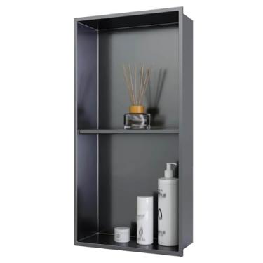 Imagem de Inserção de parede de nicho de chuveiro de aço inoxidável - Armazenamento de banheiro com prateleira dupla embutida, 70 x 28 cm, design preto moderno para organização de banheiro e sala de estar