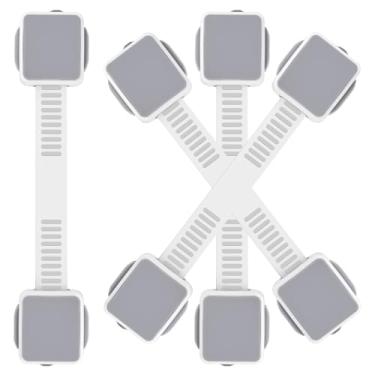 Imagem de Pacote com 4 fechaduras de armário de segurança para crianças à prova de bebês, alças ajustáveis de comprimento design de botão duplo para gavetas de geladeira, portas de geladeira, assento de vaso