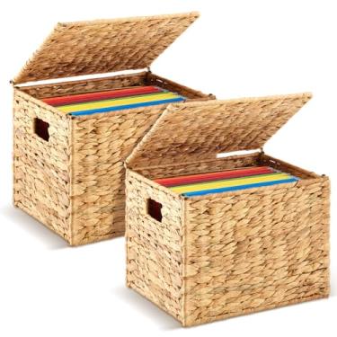 Imagem de Jingmore 2 pacotes de caixa decorativa grande de arquivo de jacinto de água/organizador de arquivos tamanho legal com tampa armário de arquivo dobrável tecido à mão para decoração de escritório/casa