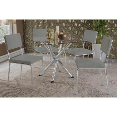 Imagem de Conjunto Mesa Sala Jantar Volga Com Tampo De Vidro 90cm E 4 Cadeiras Zaria Cromada Boucle Cinza Kappesberg