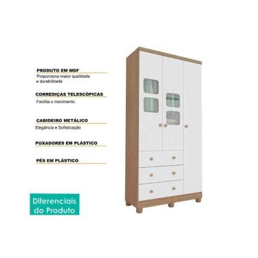 Imagem de Guarda Roupa Infantil C/ 3 Portas (2 Cristal) E 3 Gavetas Uli Branco/amendoa - Peroba