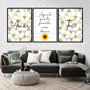 Imagem de Kit 3 Quadros Amor Fé Geométrico Triângulos 60X40Cm Preta