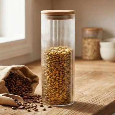 Imagem de Pote de Vidro Borossilicato com Tampa Bambu 1 Litro Hermético Alto Tuu