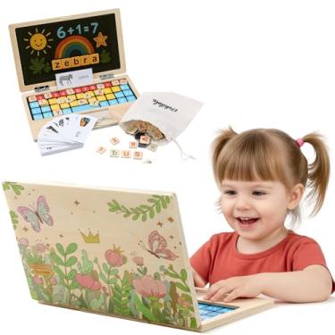Imagem de Kinderland Toys Laptop de Madeira Educativo Infantil 11.8” | Brinquedo Interativo Montessori com Letras, Números, Cartões e Lousa | Brinquedo de Alfabetização e Cálculo para Crianças 3+ Anos