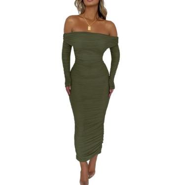 Imagem de Vestido PRETTYGARDEN Ombro a Ombro Maxi Bodycon com Franzidos e Fenda 