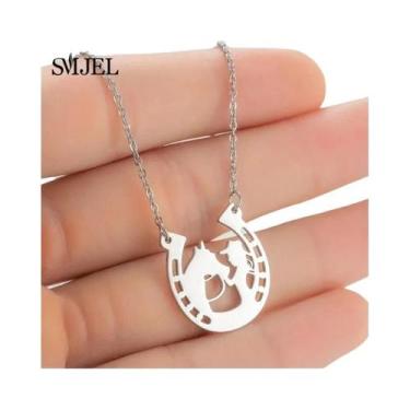 Imagem de Colar Com Pingente De Ferradura Em Aço Inoxidável Cavalo E Menina, Joi