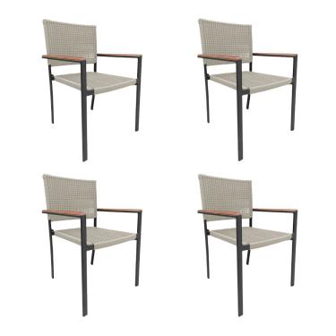 Imagem de Kit 4 Cadeiras Piracicaba Corda Náutica Braço Com Detalhe Em Madeira Base Alumínio Preto-areia