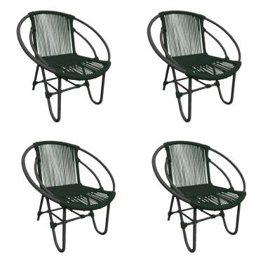 Imagem de Kit 4 Cadeiras Decorativa Julia Em Corda Náutica E Base Em Alumínio Preta- Verde Musgo