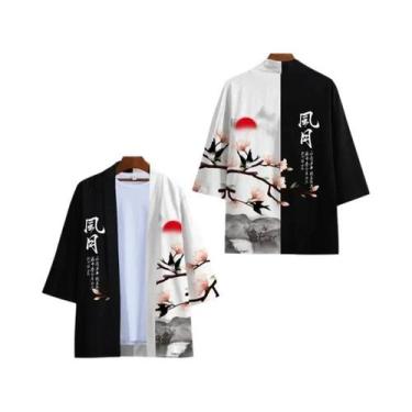 Imagem de Kimono Unissex Preto E Branco Cosplay Samurai Cardigan Yukata Fantasia