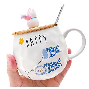 Imagem de Caneca de unicórnio com colher de tampa 3D linda xícara de chá de café de cerâmica conjunto de canecas de casal presente de aniversário para mulheres amantes de amigos (peixe gato 2, 450 ml)