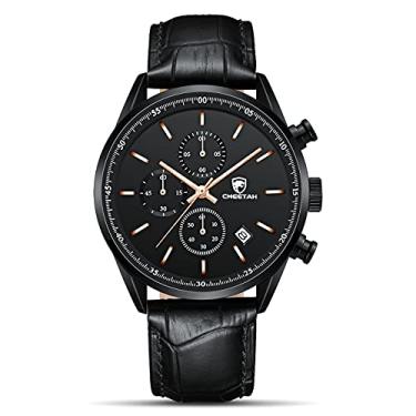 Imagem de CHEETAH Relógios masculinos modernos de negócios com pulseira de aço inoxidável ou couro à prova d'água, cronógrafo de quartzo, para homens com data automática, LS preto