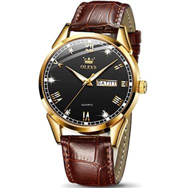 Imagem de OLEVS Amazon Watches, Relógio de couro marrom para homens, relógio masculino com data e dia, relógio luminoso masculino, relógio masculino dourado rosa para homens, relógio masculino moderno de quartzo, relógios masculinos marrons à prova d'água, Couro marrom com revestimento dourado, face preta, Ro