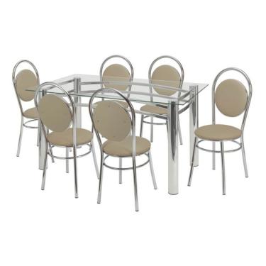 Imagem de Conjunto de Mesa com 6 Cadeiras Ana Paula Bege e Cromado
