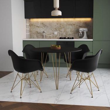 Imagem de Mesa Jantar Redonda 90Cm Preta Clips 3 Pés Com 4 Poltronas Pretas Base Dourado - Cor: Preto