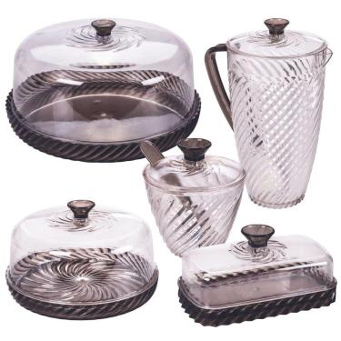 Imagem de Kit boleira baixa, queijeira, açucareiro, manteigueira e jarra de plástico Cristal Twist preto Plasutil