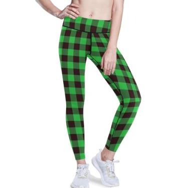 Imagem de KLL Leggings femininas xadrez búfalo verde preto para ioga levanta bumbum sem costura leggings femininas controle de barriga PP, Búfalo, xadrez, verde, preto, P