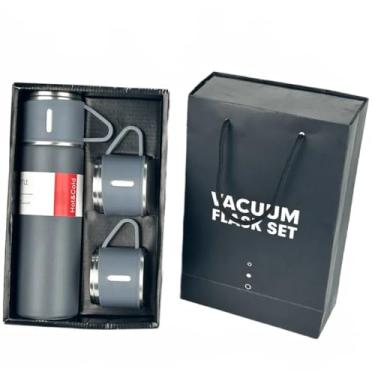 Imagem de Conjunto Frascos a Vácuo em Aço Inox, Garrafa 500ml, Embalagem Presente, Fit para Café, Chá Térmica Squeeze com 2 Canecas (Cinza)