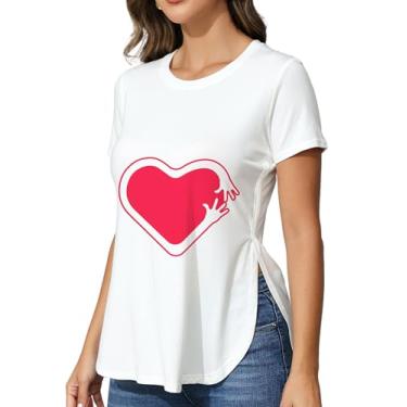 Imagem de BUENOS NINOS Camisetas femininas casuais básicas gola redonda manga curta/longa túnica camisetas tops com fenda lateral, Coração branco, P