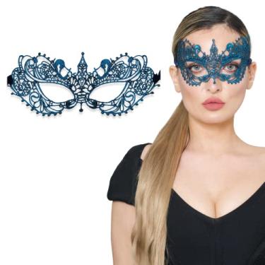 Imagem de Máscara de baile de máscaras feminina de renda para baile de máscaras, baile, festa veneziana, carnaval, dia das bruxas, Ana Blue Iridescente, tamanho nico