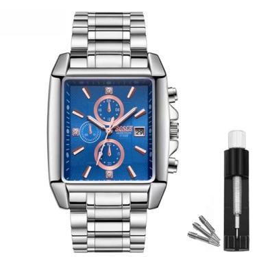 Imagem de BOSCK Relógios masculinos quadrados (sem cronógrafo), relógio masculino analógico de 42 mm de fácil leitura de aço inoxidável, relógios de pulso clássicos 30 m à prova d'água, Azul, Clássico