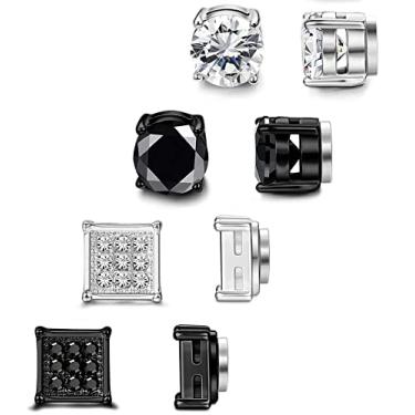 Imagem de SIISPRI 4 pares de brincos magnéticos de aço inoxidável para homens e mulheres brincos de zircônia cúbica sem piercing de 6 mm (4 pares por conjunto, 6 mm, preto + prata), Aço inoxidável, Zircônia