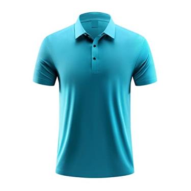 Imagem de Polos de golfe masculinos cor sólida nylon camisa esportiva com gola absorvente de umidade seca manga curta atlética casual(Color:Blue,Size:M)