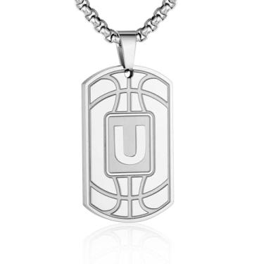Imagem de Colar masculino com etiqueta de basquete inicial A-Z - pingente com corrente de aço inoxidável 55 cm + 5 cm - joia personalizada para atletas esportivos, Prata, Sem Pedra Preciosa