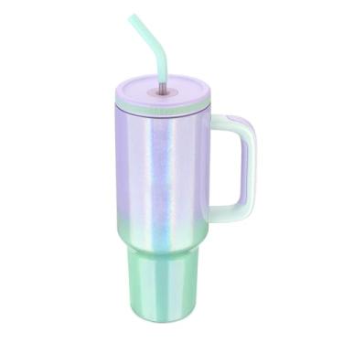 Imagem de Zukro Copo de 1,134 g com alça e canudo, tampa rosqueada com orifício largo para palha, copo de aço inoxidável isolado cabe no porta-copos para viagens - sem suor e mantém bebidas frias - pode ser