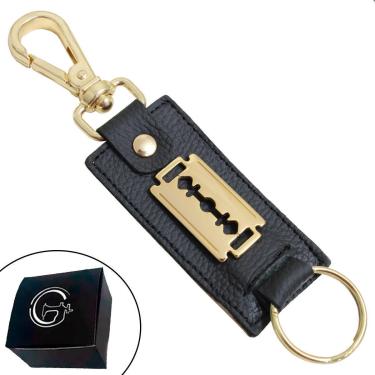 Imagem de Chaveiro Couro Barbeiro Lâmina Banho Dourado - NE-Unissex