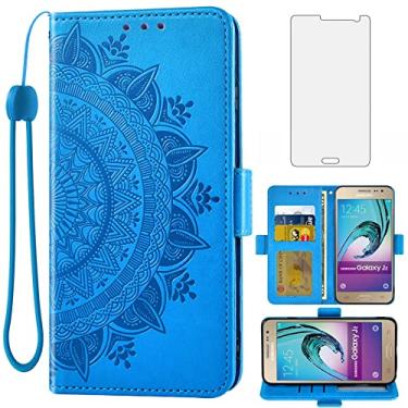 Imagem de Asuwish Capa de telefone para Samsung Galaxy J2 2015 capa carteira de vidro temperado protetor de tela suporte de cartão de crédito bolsa flip alça de pulso suporte acessórios para celular 2J Duos