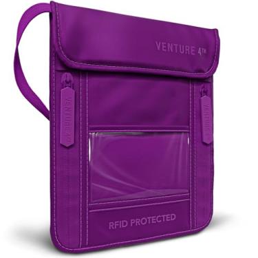 Imagem de VENTURE 4TH Carteira de pescoço, porta-passaporte com bloqueio de RFID para viagens – Bolsa de pescoço oculta com 6 compartimentos, organizador fino e leve com alça ajustável, nylon durável para