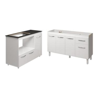 Imagem de Mobília Decor, Armário Camila Cozinha Gabinete de Pia 140 cm e Balcão para Cooktop 4 Bocas e Forno ou Microondas Alana Branco