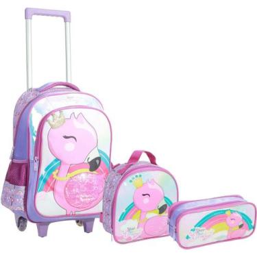 Imagem de Kit Mochila de Rodinha Lancheira e Estojo Flamingo Yepp MIF5329, Lilás