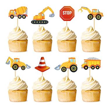 Imagem de Cyodoos 24Pcs Construction Cupcake Toppers Stop Sign Dump Truck Excavator Tractor Party Cake Food Picks Decorations for Construction Theme Baby Shower Kids Birthday Party SuppliesF