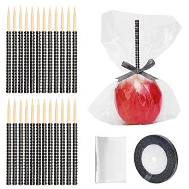 Imagem de Kit de 48 + 1 bastão de bambu de maçã doce Anglecai 24P para espetos de madeira de strass de maçã, com 24 sacos de 24 peças, 1P fita de glitter de 25 jardas, bastão brilhante para caramelo, maçã pirulito, petisco crocante