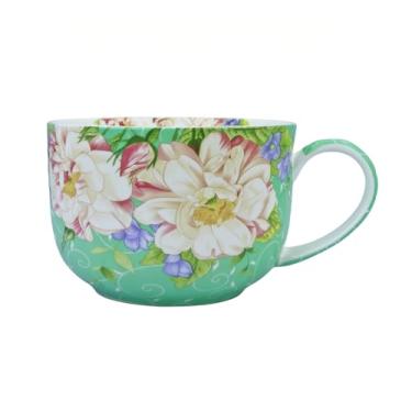 Imagem de YUESITE Caneca de café grande de 740 ml, tigelas de sopa com alças grandes canecas de sopa de osso chinês, caneca de sopa, tigela de sopa para café e cereais latte (magnólia verde)