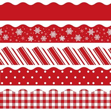 Imagem de Whaline Adesivos de borda de boletim de Natal de 1,8 m vermelho floco de neve xadrez pontos listras borda de quadro de avisos 60 peças borda de acabamento autoadesivo de Natal para sala de aula