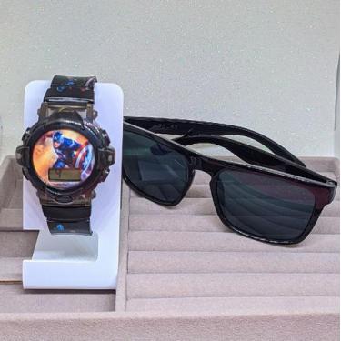 Imagem de Kit Relógio Infantil Digital Pisca Led Toca Musica Super Heróis + Ócul