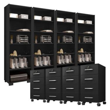 Imagem de Kit 4 Gaveteiros para Escritório Gávea com Chave e 4 Livreiros Office Preto Fosco - Móveis Leão