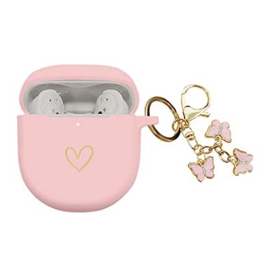 Imagem de AIIEKZ Compatível com Bose QuietComfort Earbuds II 2022, capa de silicone macio com padrão de coração dourado para Bose QC II, capa com chaveiro de borboleta fofo para meninas e mulheres (rosa)