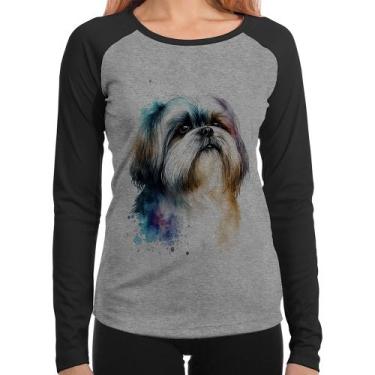 Imagem de Baby Look Raglan Cachorro Shih Tzu Watercolor Manga Longa - Foca na Mo