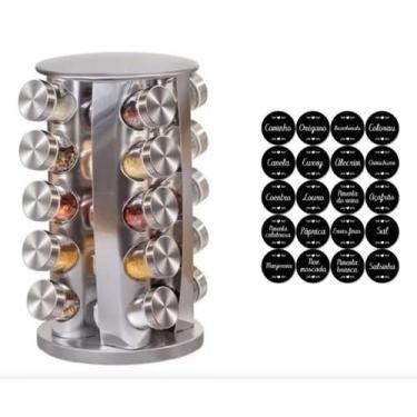 Imagem de Porta Tempero Condimentos 20 Potes Giratorio Redondo Inox + Etiquetas 