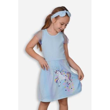 Imagem de Vestido Infantil Azul Claro Unicórnio, Saia Avental de Tule Colorido -