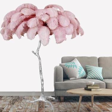 Imagem de Lâmpada de pé moderna, luz de proteção ocular regulável com abajur de penas, corpo e pedal prateados de resina, lâmpada de leitura de penas de chão