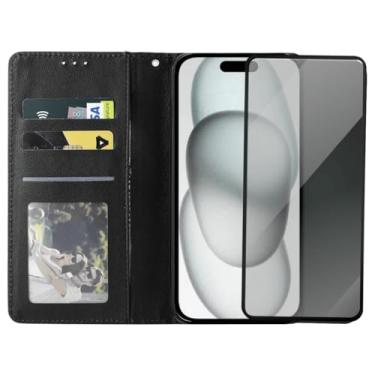 Imagem de Capinha Carteira Flip com Película 3D Privacidade para iPhone 15 Plus, Preta, Compartimentos para Cartões