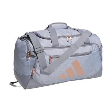 Imagem de adidas Bolsa esportiva Defender 5.0, durável para viagem e academia, para homens e mulheres, Sarja cinza/ouro rosa, Small (42L), Bolsa esportiva Defender 5.0, bolsa esportiva de viagem durável para