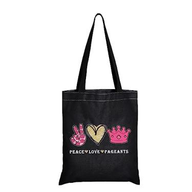 Imagem de JXGZSO Presente Queen para concurso de beleza, concurso de beleza, organizador de maquiagem cosmético, bolsa de higiene pessoal para viagem, Peace Love Pegeants shopping preto